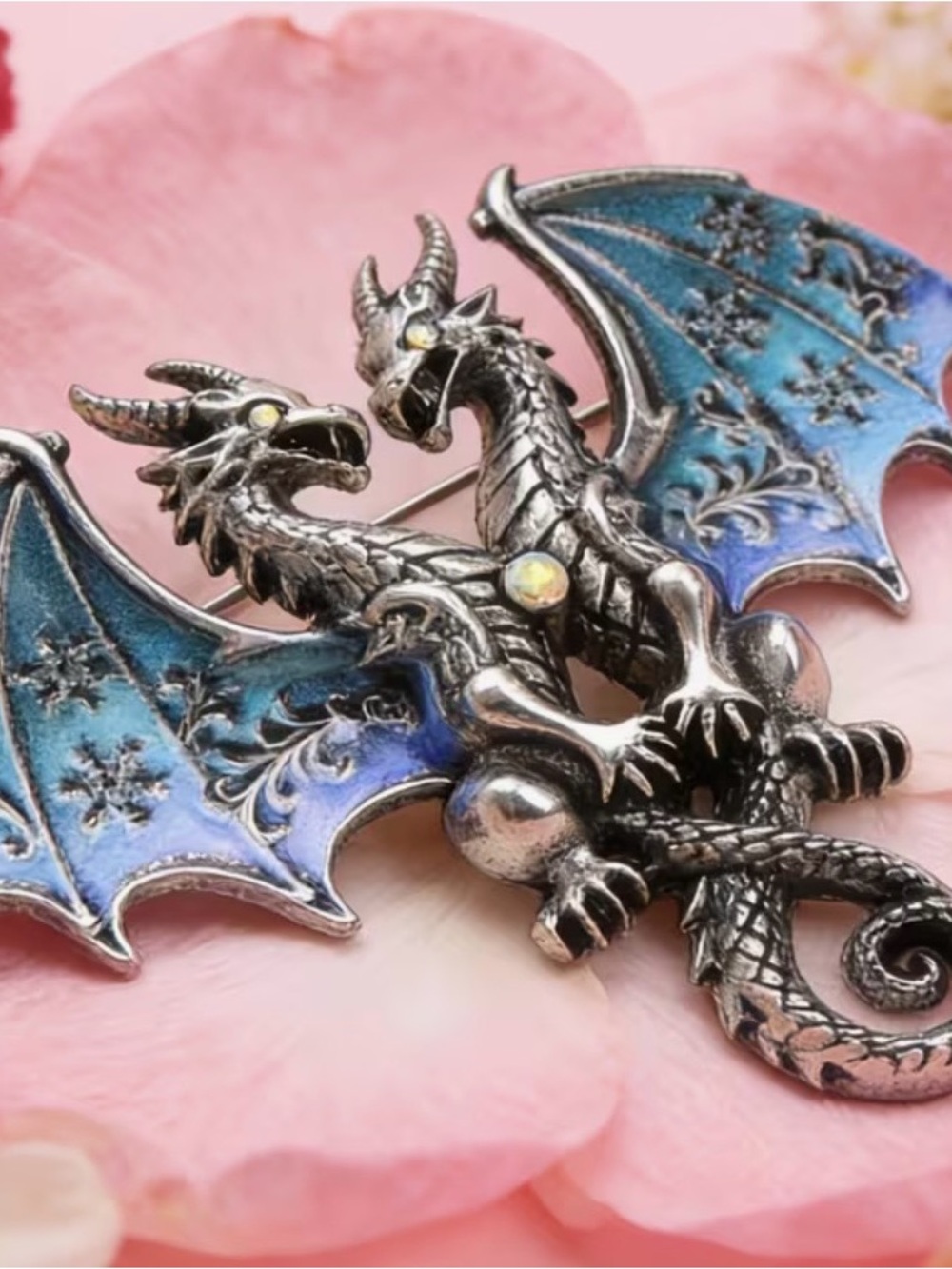 Two-Headed Dragon Brooch Pin Blue Silver Tone Enamel Fantasy NWOT